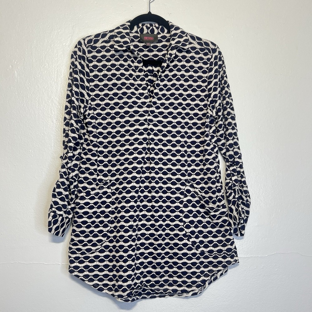 Forcynthia Beachwear M Collared Roll Sleeve Swim Cover Up Blue‎ White Textured